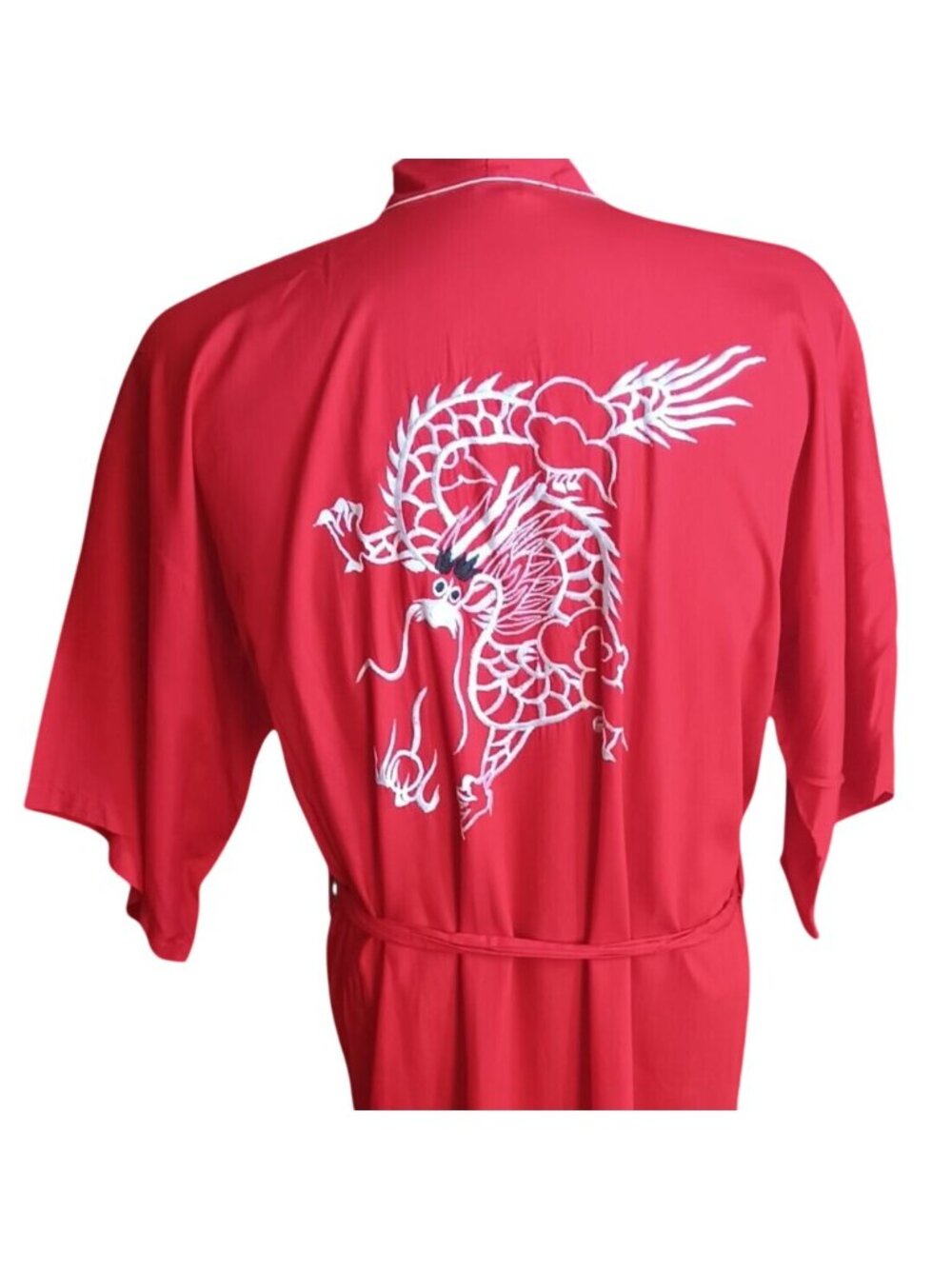 Red Dragon Embroidered Vintage Men's Small Kimono Robe 60s Rayon Smoking Jacket